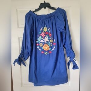 Mexican Embroidered Boho Peasant Dress Off Shoulder Floral Tunic Blue Tie Sleeve